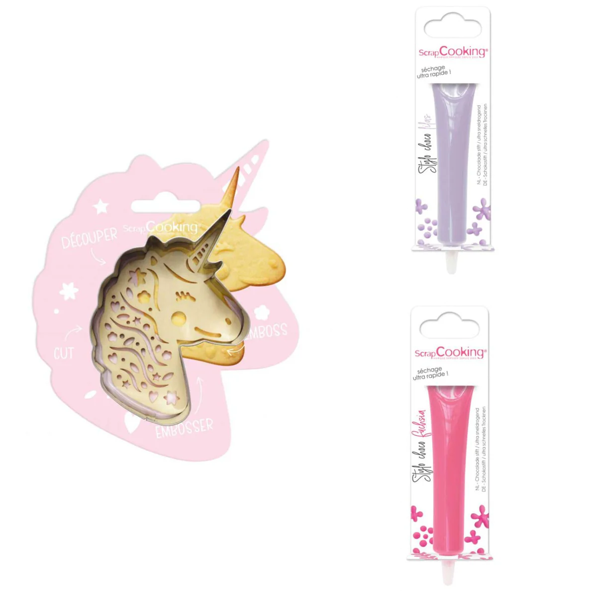 Kit pour biscuit en relief Licorne + 2 Stylos au chocolat lilas et fuc
