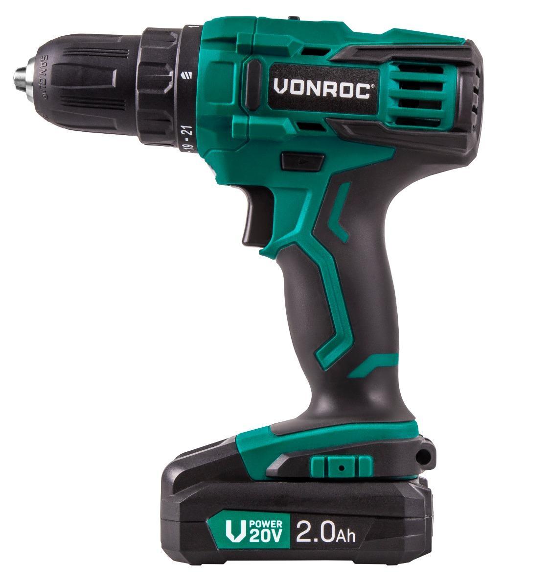 VONROC Bore-/skruemaskine 20V – 40Nm | 2 Gear & 21 Momentindstillinger | Inkl. 2x 2.0Ah akku og oplader
