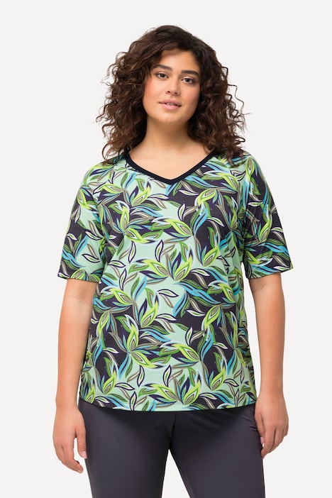 T-Shirt, Blätter, antibakteriell, V-Ausschnitt, Halbarm