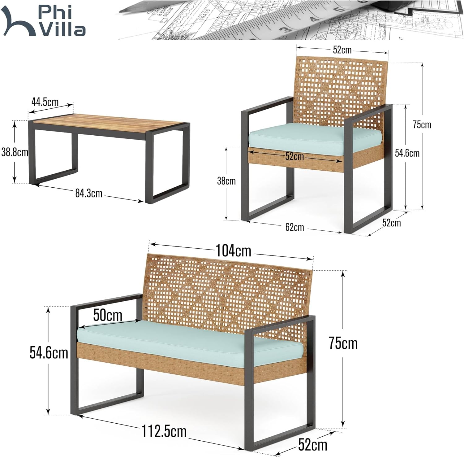PHI VILLA Gartenmöbel Balkonmöbel Set mit 1 x 2-Sitzer Sofa, 2 x Sessel und 1 x Tisch, 4 Personen Outdoor Lounge Möbel Gartensofa. Wetterfest Rattan Balkon Lounge für Terrasse, Minzgrün und Gelb
