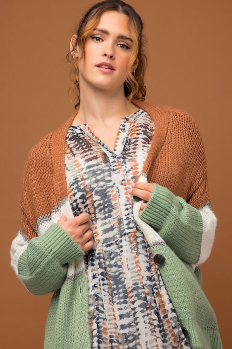 Strickjacke, Boxy Fit, Blockstreifen, V-Ausschnitt, Langarm