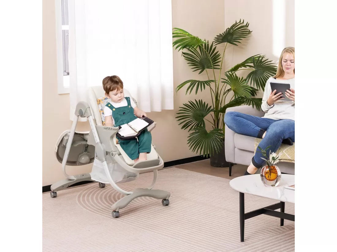 Chaise Haute Bébé Convertible, Chaise Portable pour Tout-Petits avec Double Plateau, Siège Enfant avec Hauteur/Dossier/Repose-Pieds Réglables, Roue Verrouillable, de 6 à 36 Mois (Blanc)