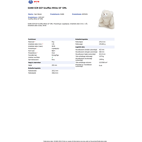 Gund Snuffles plysbamse - hvid