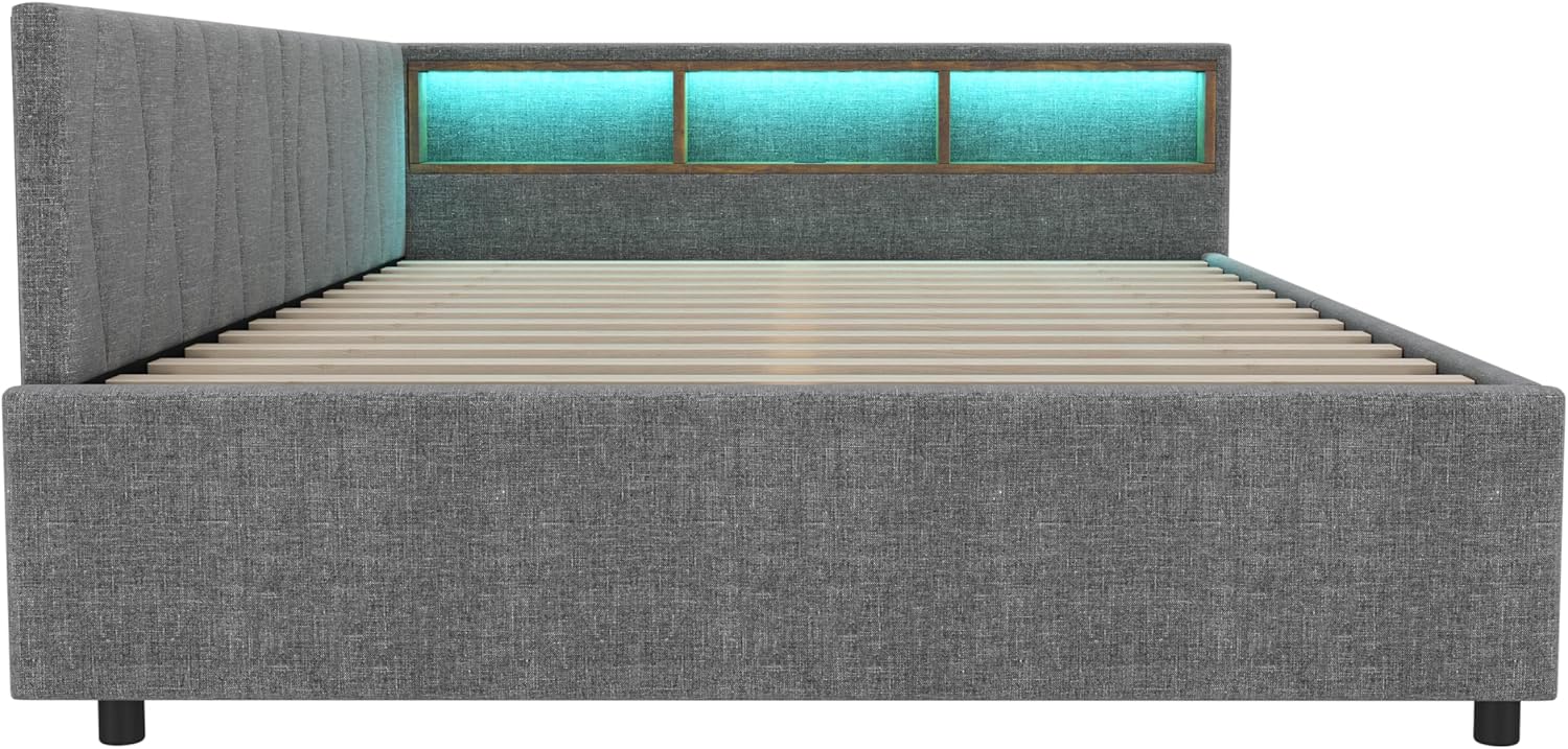 Polsterbett Schlafsofa 140x200, Doppelbett mit 2 Schubladen, Daybett mit LED Staufach, Tagesbett mit USB Typ C Ladefunktion, für Jugendliche und Erwachsene, Leinen, ohne Matratze, Grau