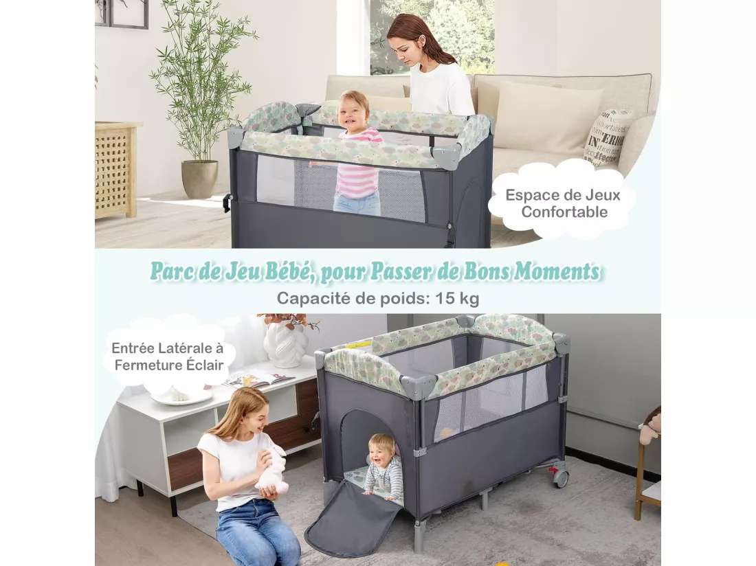 Lit Parapluie Bébé 5 en 1 avec Table à Langer Amovible, Lit Cododo Pliable avec Matelas, Musique et 3 Jouets Suspendus, 2 Roues Verrouillables, Sac de Transport pour 0-36 Mois (Gris)