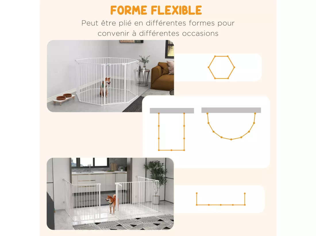 Barrière de sécurité parc enclos chien modulable pliable porte verrouillable intégrée 8 panneaux acier PP blanc