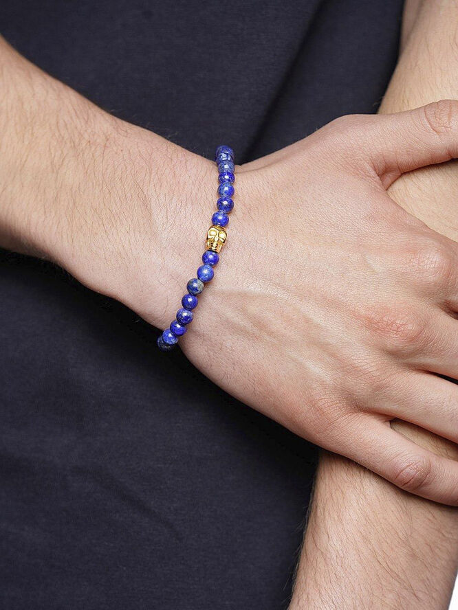 Nialaya Men's Wristband with Blue Lapis and Gold Plated Skull Blue