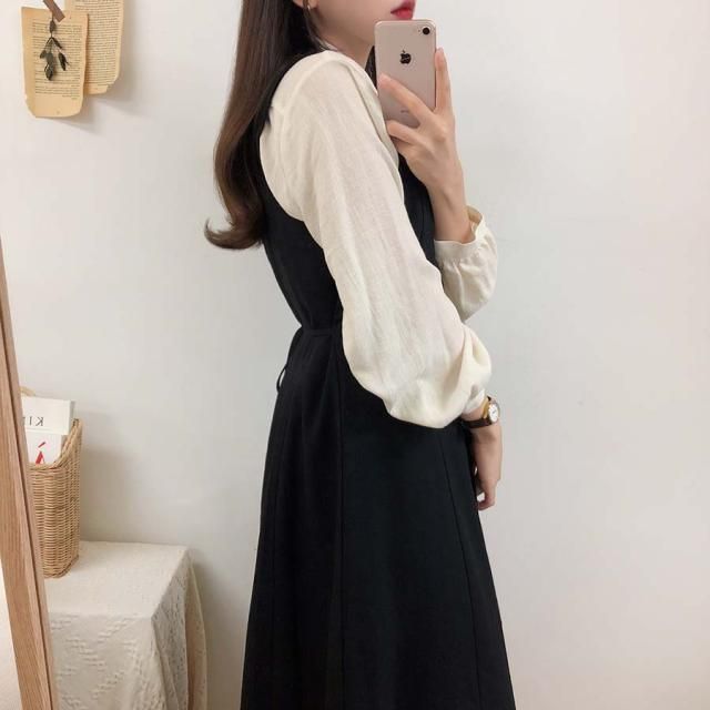 Leoom - Effen blouse met lange mouwen / Midi A-lijn overalljurk