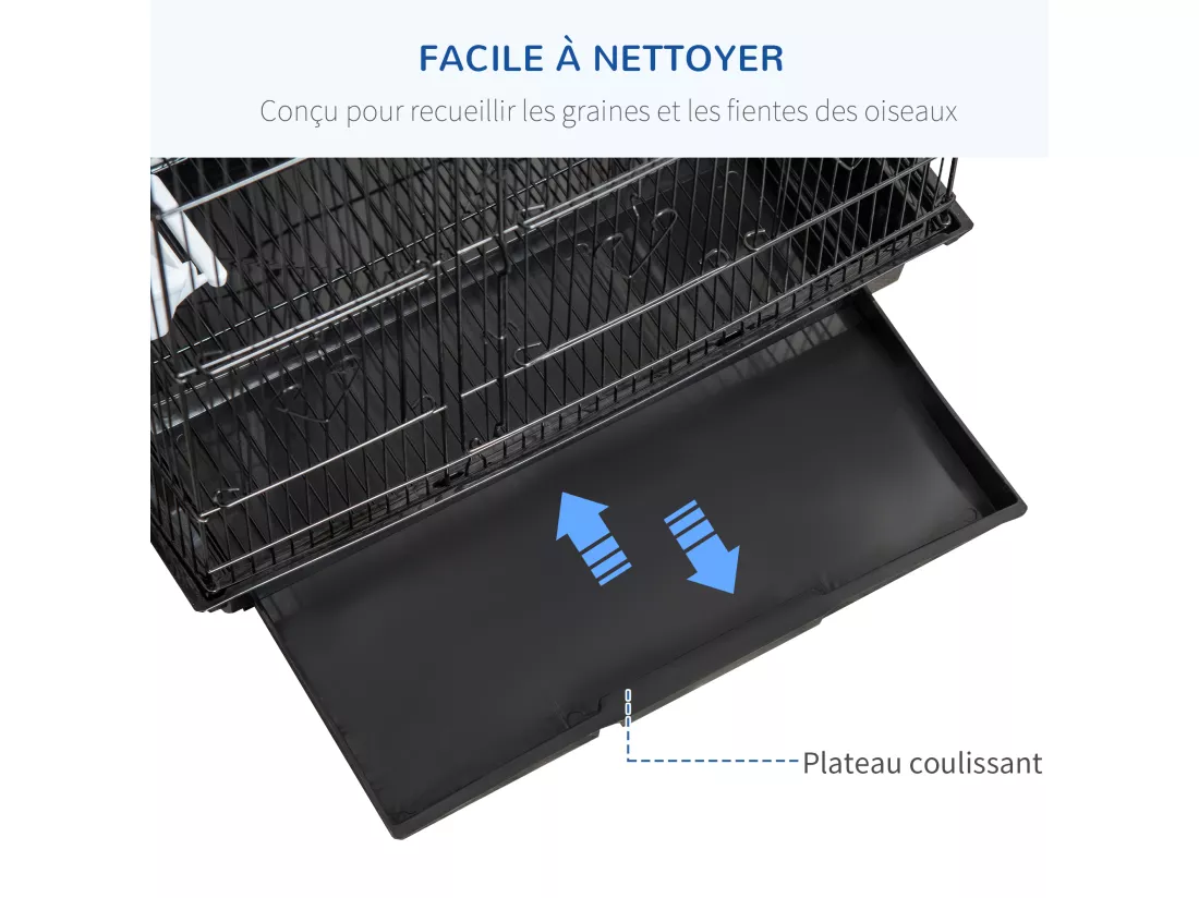 Cage à oiseaux volière avec mangeoires perchoirs plateau amovible dim. 46,5L x 35,5l x 92H cm métal PS noir