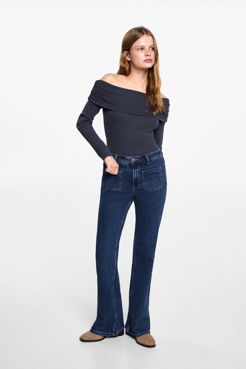 MANGO TEEN flared regular waist flared jeans dark blue denim
