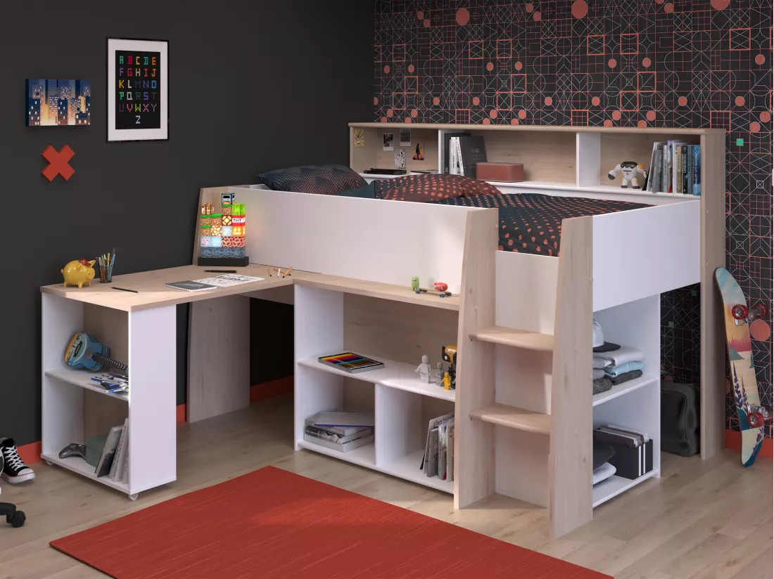 Lit combiné 90 x 200 cm avec bureau et rangements - Blanc et naturel + Matelas - APOLINO