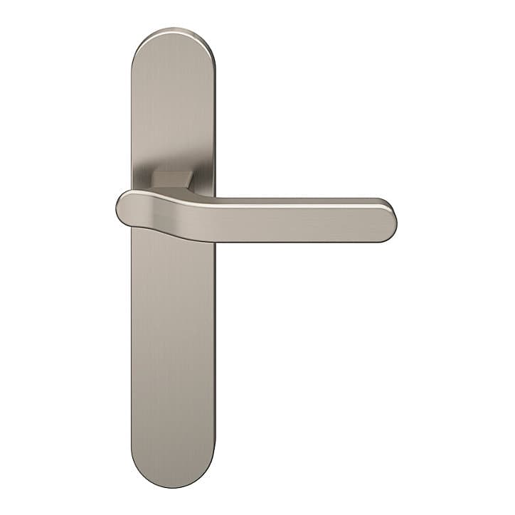 Ensemble poignée sur plaque rond GoodHome Prat effet nickel satin gris L.129mm x l.42mm entraxe 165-195mm