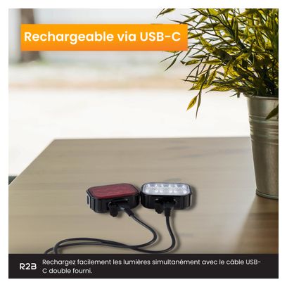 Paire d'Eclairages R2B Eclairage Vélo Avant et Arrière Rechargeables USB-C Blanc et Rouge