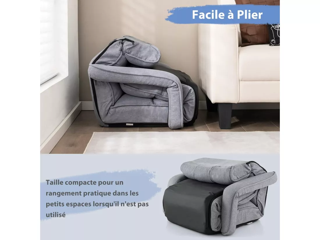 Fauteuil Convertible 1 Place Adulte avec Appui-tête Dossier Réglable 6 Positions 16°-107°, Chauffeuse Convertible avec Repose-Pieds à 8 Réglages, 196 x 72 x 19,5 cm