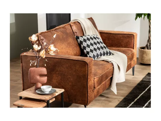 Canapé vintage 3 places cuir marron cognac aspect vieilli et métal noir SONNY