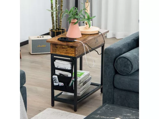 Table d'appoint avec Prise d’alimentation, 60 x 30 x 58,5 cm Marron rustique et Noir