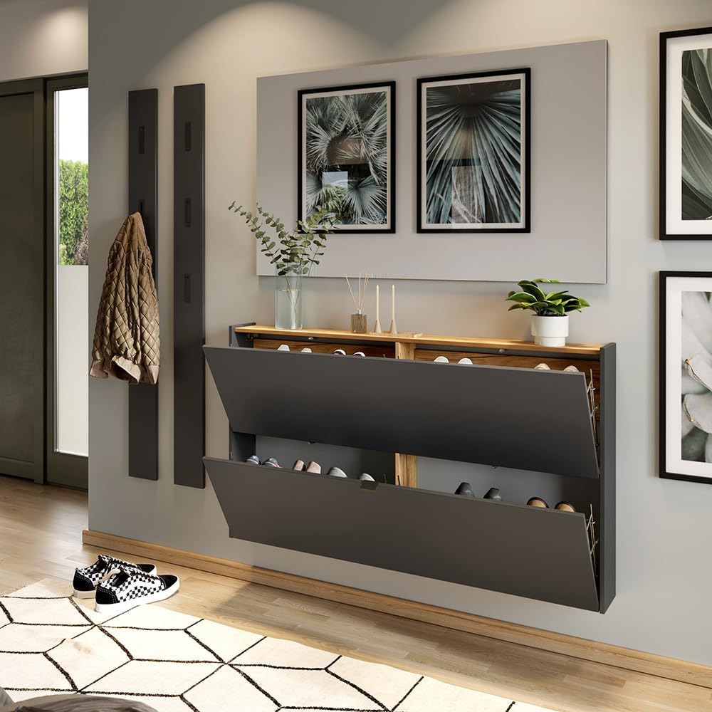 Lomadox Flurschrank Schuhschrank 140cm in grau mit Eiche ideal für schmale Flure
