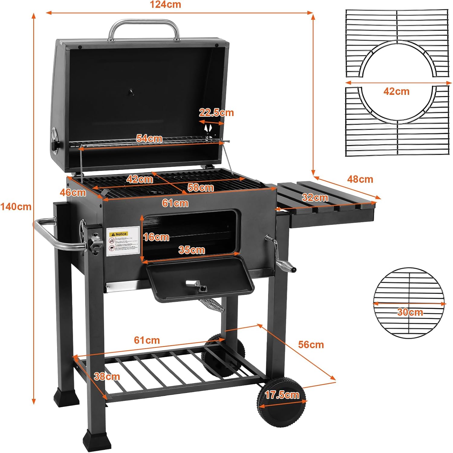Barbecue Charbon de Bois XL, Chariot à Barbecue, Grill XL à Charbon avec Couvercle, Roues et Thermomètre, Réglable en Hauteur, Grand Barbecue au Charbon de Bois, pour Camping et Jardin, Noir