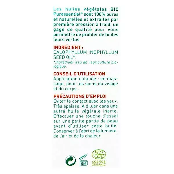 Óleo Vegetal Orgânico Calophyllum Puressentiel 50ml