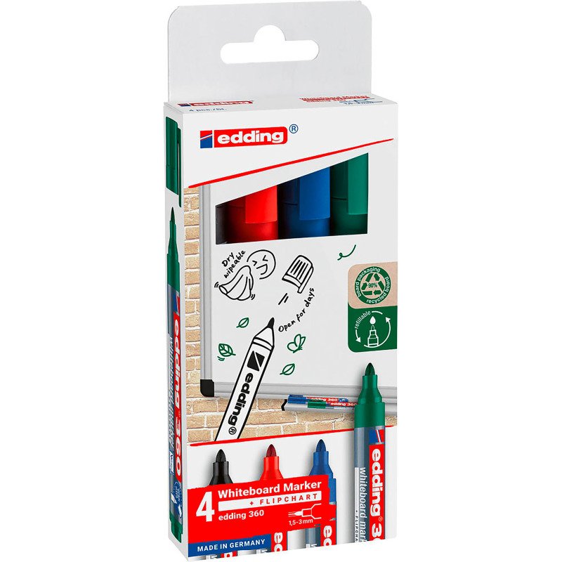 Marqueur effaçable Edding 360 pointe ogive 1.5 à 3 mm - Pochette de 4