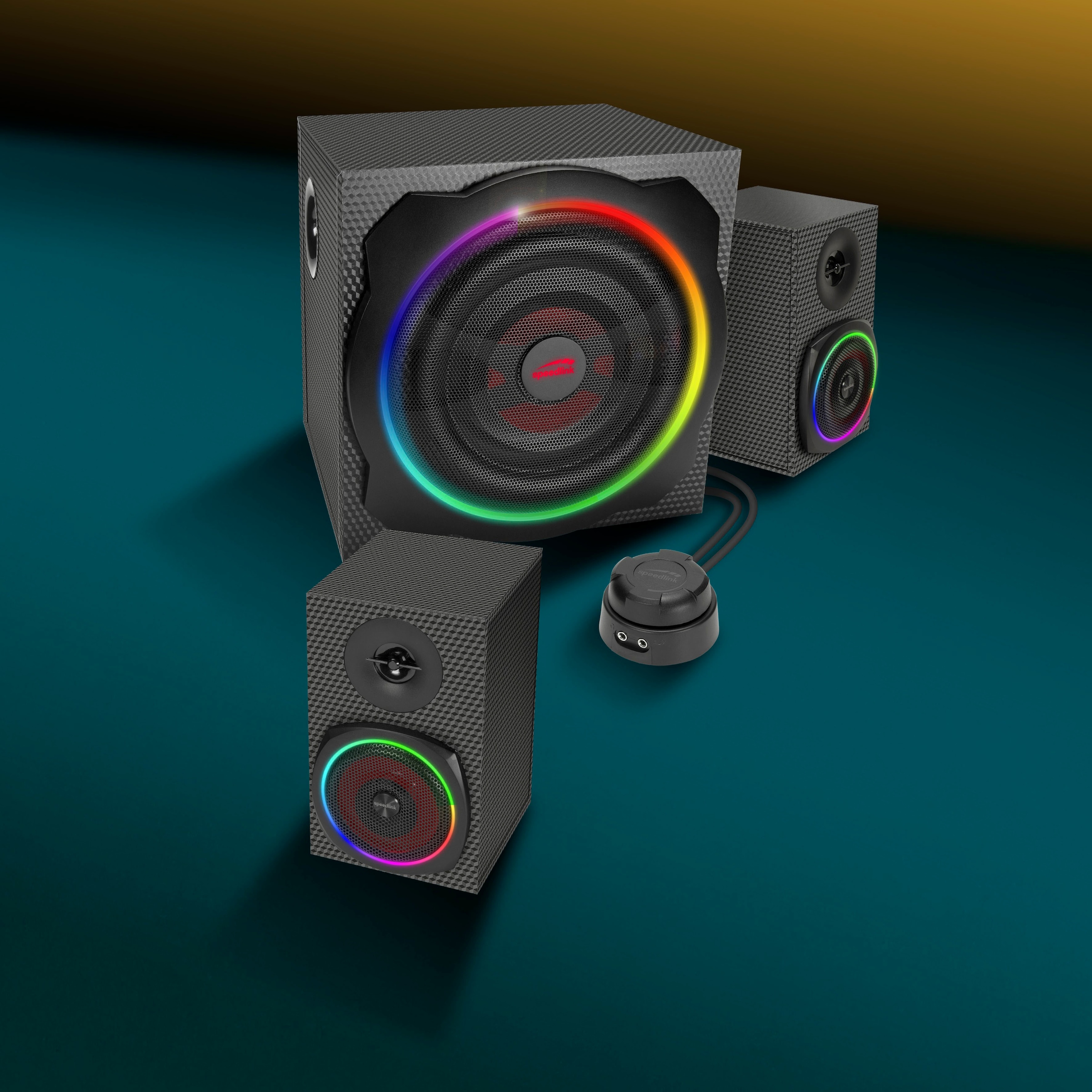 Speedlink 2.1 Soundsystem »GRAVITY CARBON RGB Subwoofer System aus Holz mit Bluetooth« 2.1 (Bluetooth Lautstärkeregelung 120 W) 60 W RMS, 120 W Spitzenleistung, 3,5mm Klinke, AUX, Tischfernbedienung