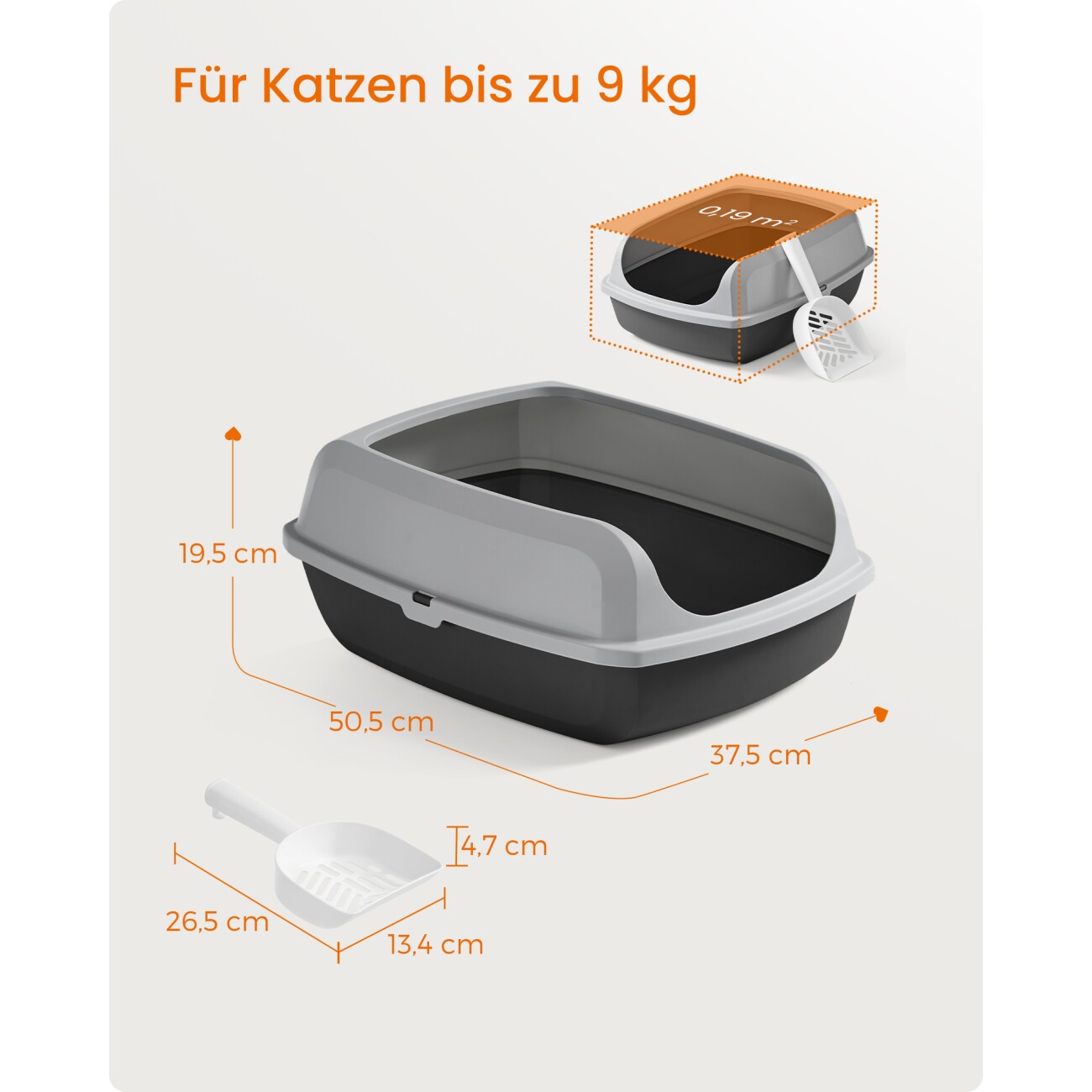 FEANDREA Katzenklo mit hohen Seitenwänden, offene Katzentoilette, mit Schaufel