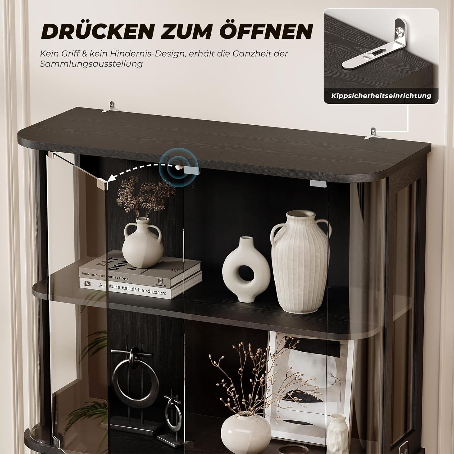 Große Glasvitrine Stehend Mit Rundbogen-Glastür, 4-Stöckiger Vitrine Mit 3-Farb-LED-Beleuchtung & Bewegungssensor, Vitrinenschrank Sammlervitrine Für Wohnzimmer, Schwarz
