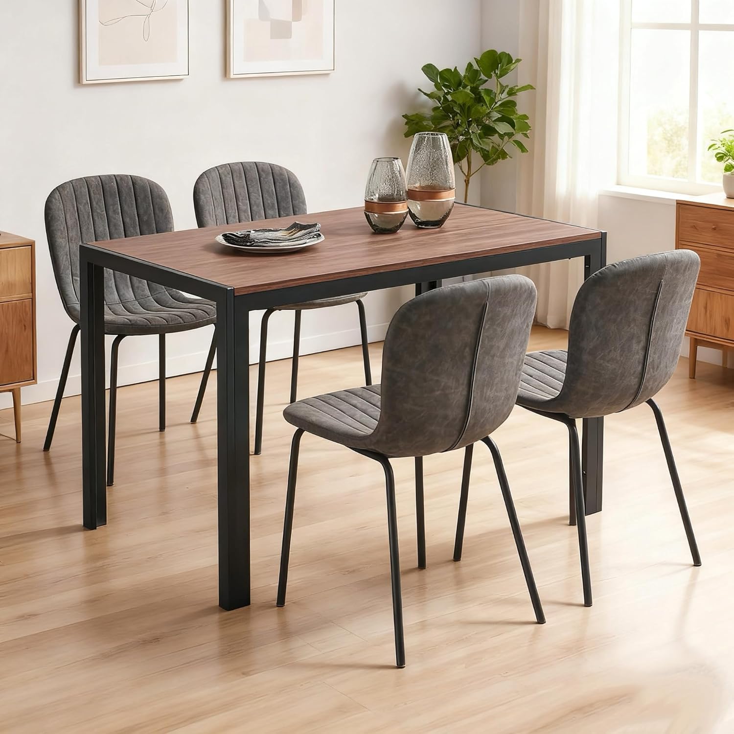 NORDICANA Esszimmerstühle 4er Set, Stuhl, Küchenstühle, Esszimmerstühle Kunstleder, mit Rückenlehne, Metallbeine, für Esszimmer, Wohnzimmer, Küche, Schlafzimmer und Empfangsraum (Grau)