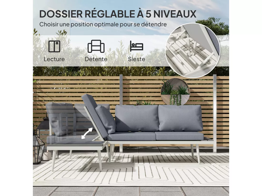 Ensemble salon de jardin modulable 4 personnes 3 pièces design métal crème coussins gris