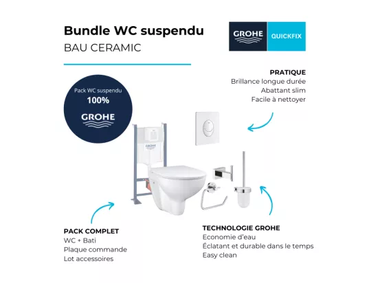 Pack WC sans bride Bau Ceramic Slim + abattant + Bati support autoportant + Plaque commande ovale blanc + Accessoires