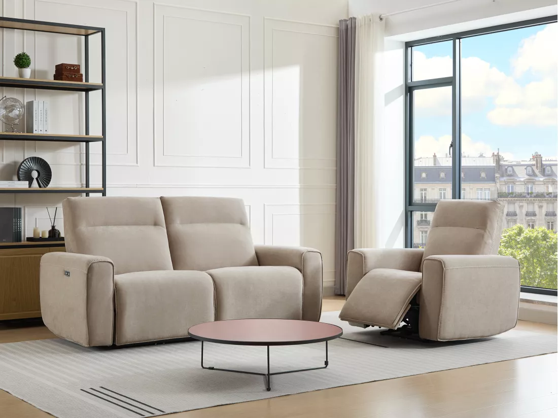 Canapé 3 places et fauteuil relax électrique en tissu beige LORGITA