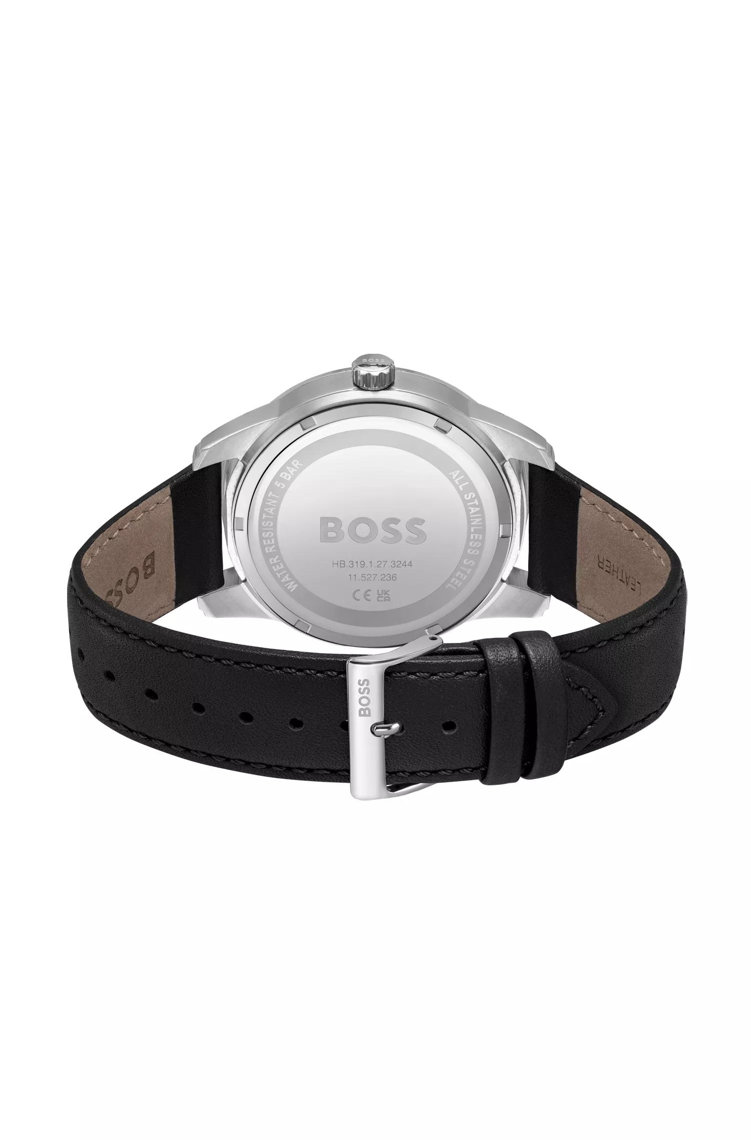 Relógio BOSS com mostrador laranja e preto e múltiplos indicadores, com pulseira de couro.