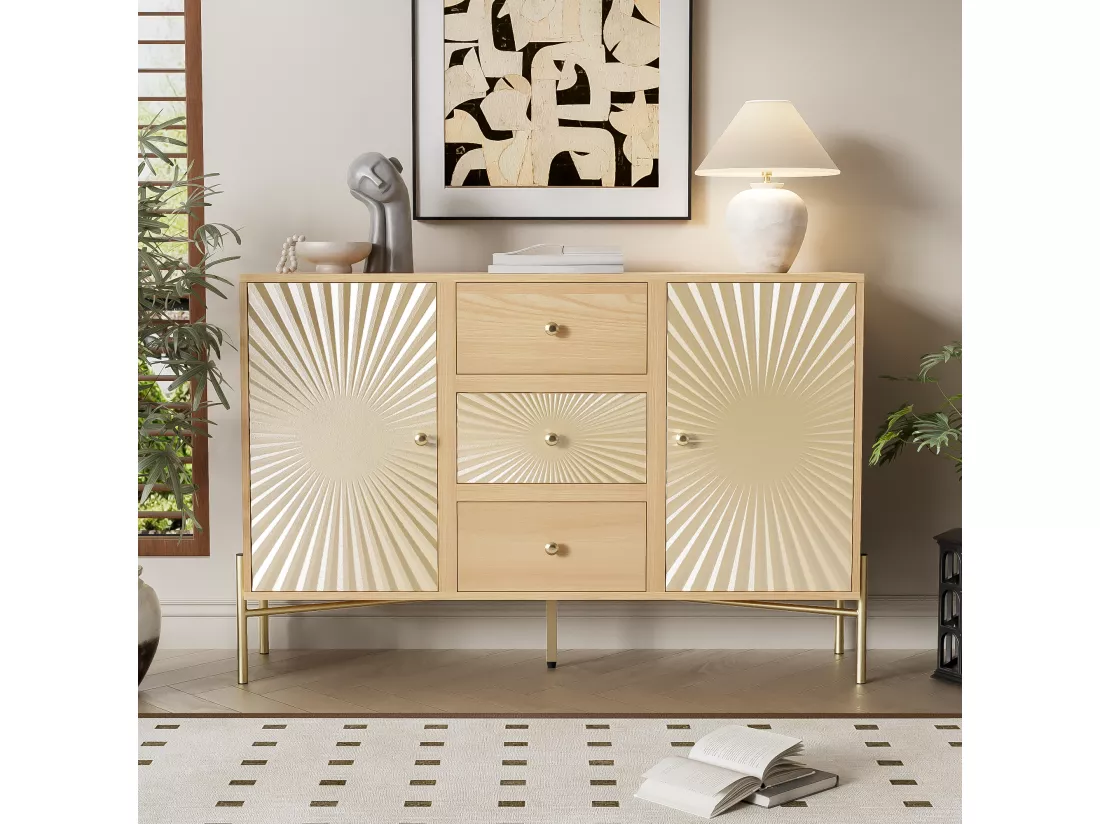 Buffet dessin forme de soleil brillant 2 portes avec 3 tiroirs poignets et pieds dorés 123,5x35x80cm Raqner