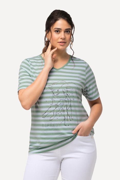 T-Shirt, Ringel, Metallic-Tiermotiv, V-Ausschnitt, Halbarm