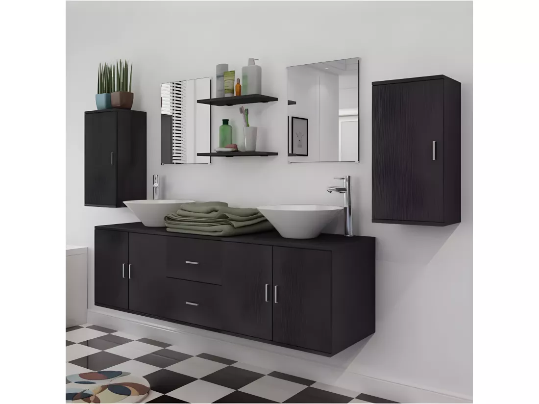 Meuble de salle de bain 11 pièces bois laqué noir Val
