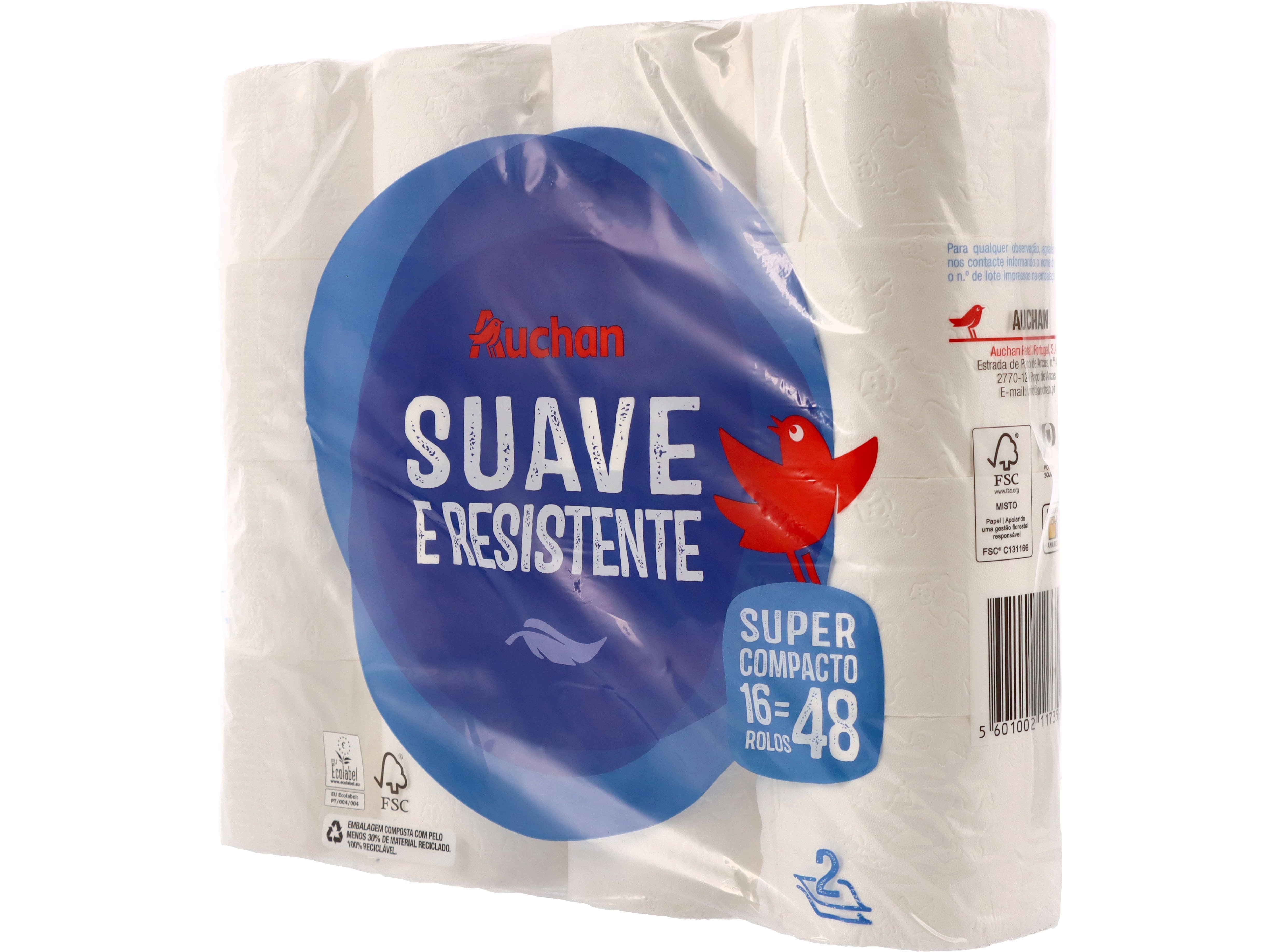 PAPEL HIGIÉNICO AUCHAN SUAVE E RESISTENTE FOLHA DUPLA SUPER COMPACTO 16 ROLOS = 48 ROLOS