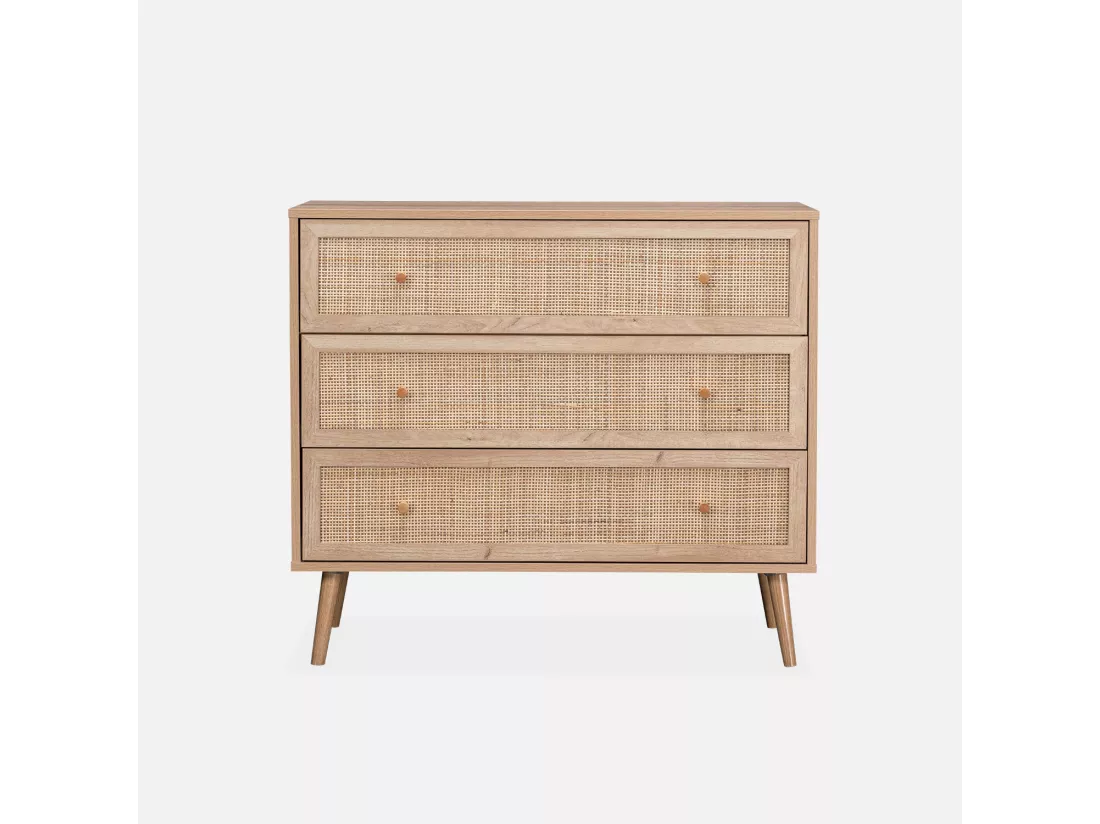 Commode en décor bois et cannage 90x39x79cm - Bohème - 3 tiroirs
