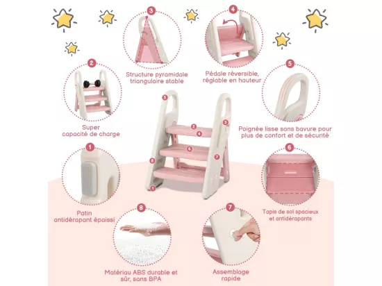 Marchepied Pliable pour Enfant Bébé avec 3 Marches Antidérapant, Rehausseur Stable, Hauteur Réglable, Multifonction avec Poignées Sécurité, Rose et beige