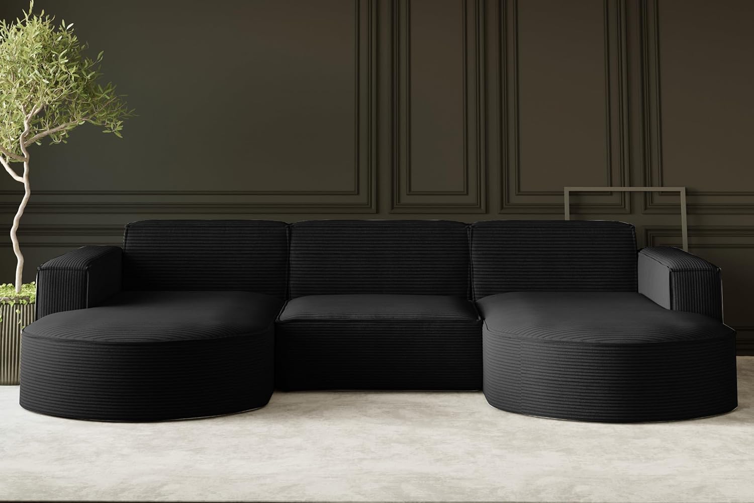 Kaiser Möbel - Ecksofa mit Wohnlandschaft, Eckcouch U Form XXL, Bigsofa, Sofa 3-sitzer, Bequemes Couch mit Ottomane für Wohnzimmer, Relaxsofa, Cord Stoff, Lounge-Set U-Form, Modena Studio, Schwarz