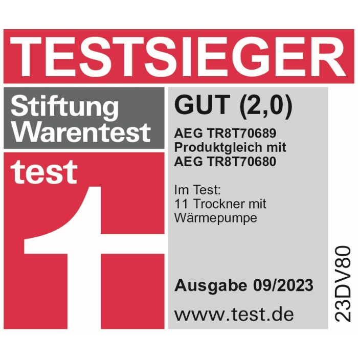AEG Wärmepumpentrockner 8000 ABSOLUTECARE TR8T70689 // 50€ Cashback