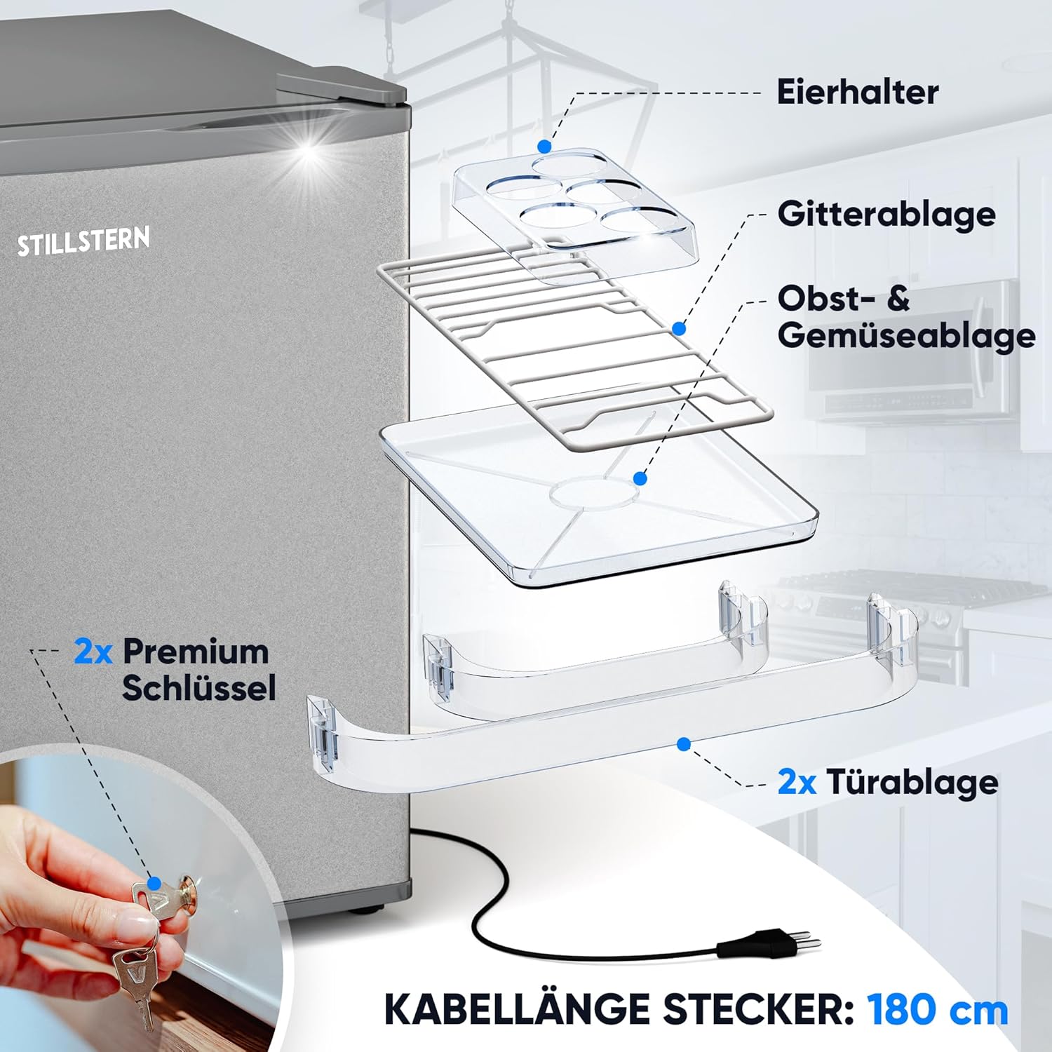 Stillstern Mini Kühlschrank E 45L mit Abtauautomatik, Schloss, Frostfach, Leise, Ideal für Küche, Büro, Schlafzimmer, Hotels und kleine Wohnungen Kühlschrank klein Minibar R600A Getränkekühlschrank