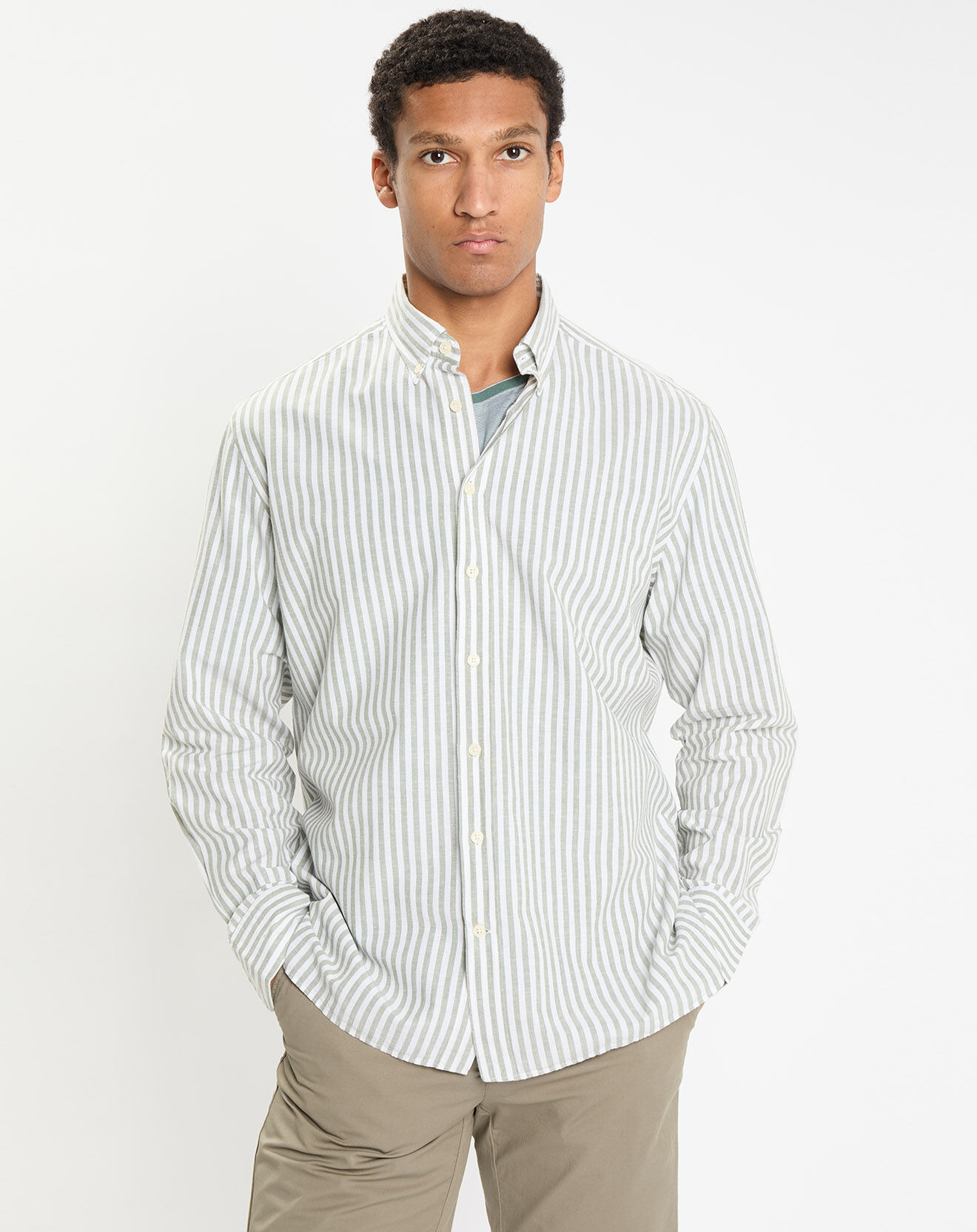 Hackett London Chemise en Coton & Lin Slim Fit à rayures kaki/blanc