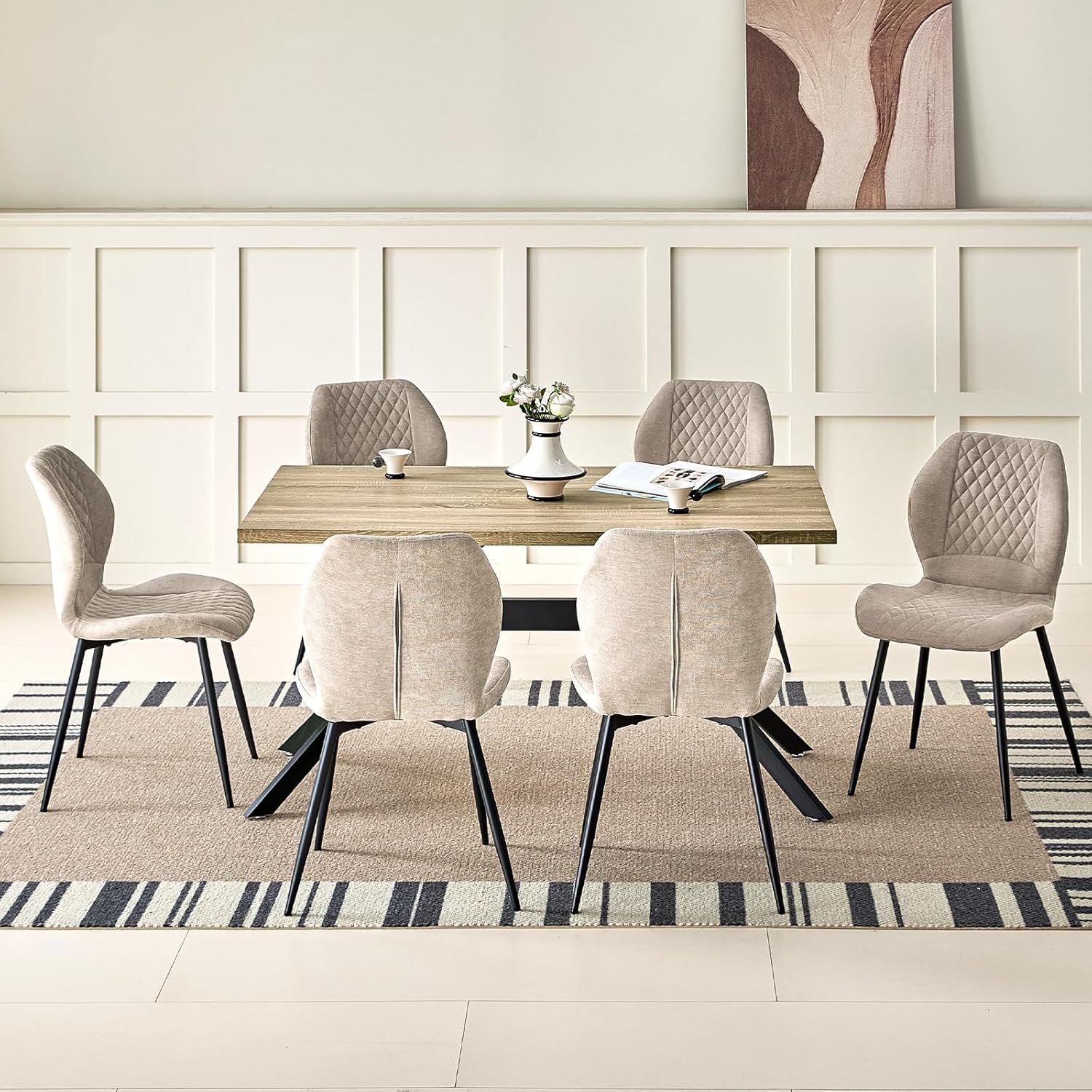 Essgruppen mit Heller Holz Esstisch und 6 Brauner Stühle, Rechteckiger Esstisch in 140 x 80 x 76 cm mit 6 Ergonomischer Design Leinen Esszimmerstühle, für Esszimmer, Küche, Wohnzimmer
