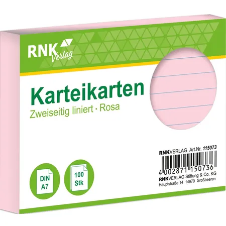 RNK Verlag 100 Karteikarten DIN A7 rosa liniert