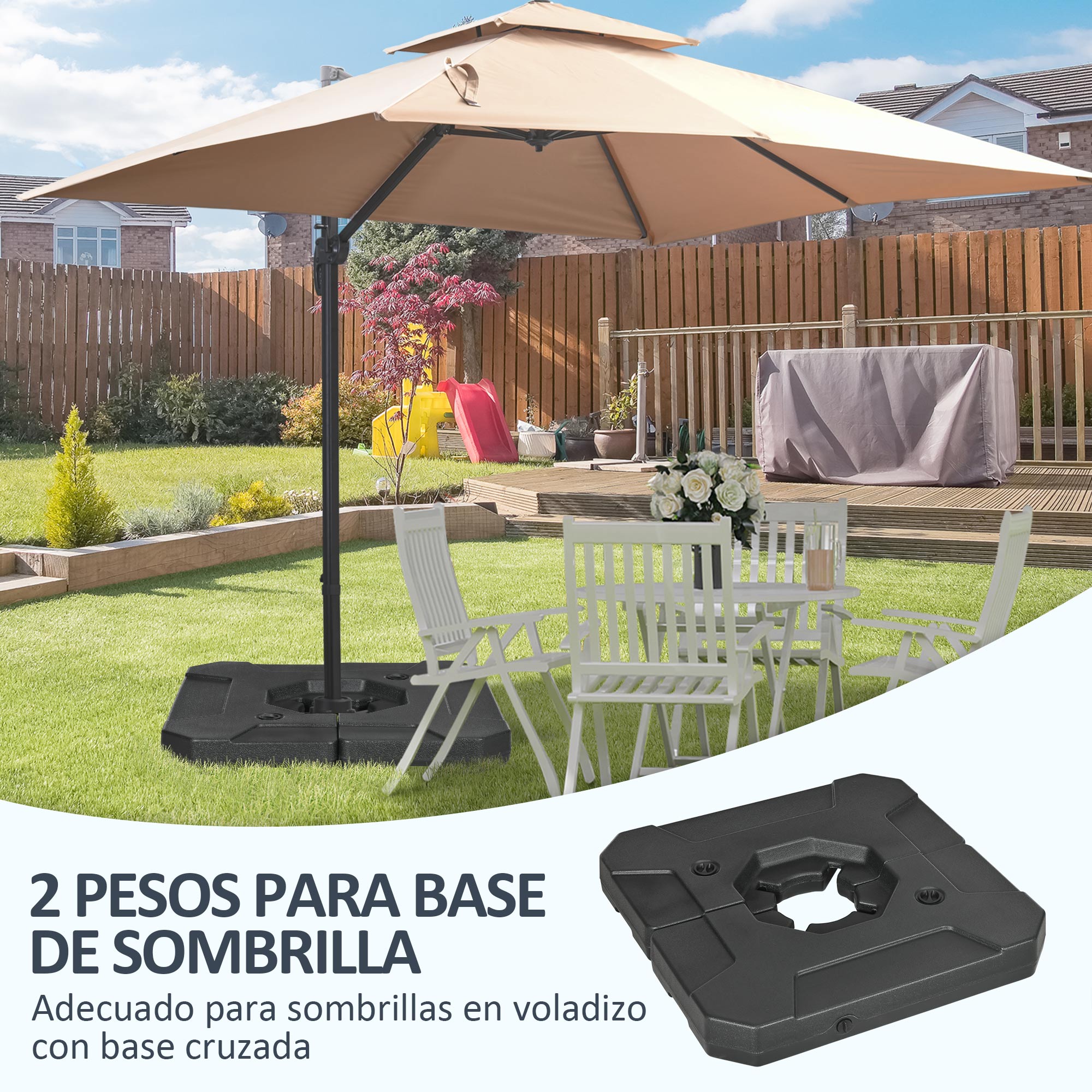 Outsunny 2 Pesos para Base de Guarda-Sol, Preenchíveis com Areia (110 kg) ou Água (70 kg) para Base Cruzada de Guarda-Sol de Braço Articulado para Jardim, Terraço e Área Externa, 88,5x88,5x12 cm, Preto