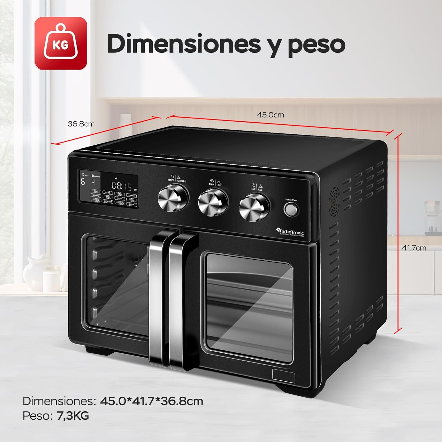 TurboTronic Mini Backofen - 4in1 Heißluftofen und Heißluftfritteuse XXL Version 32L inkl. Drehspieß & viel Zubehör, Dörrgerät ab 25°C & Grill, Airfryer, kleine Mini Tisch Back Pizzaofen (schwarz)