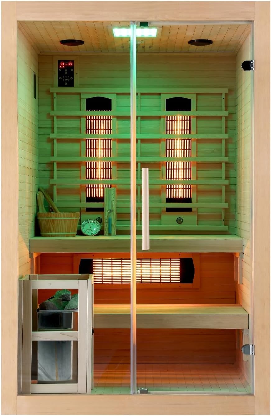 SANOTECHNIK Infrarotkabine TWINCOMBI – 2 Personen Kombi-Sauna 130×120×200cm | 3 Vollspektrum-Strahler (2×300W & 1×400W), Harvia 3,5kW Ofen, LED-Farblicht, Bluetooth-MP3 – Art.Nr.: J30130