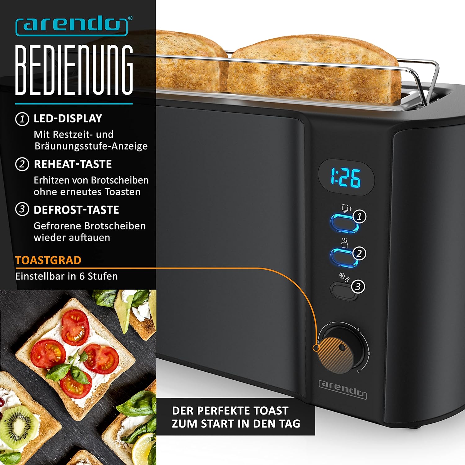 Arendo - Wasserkocher mit Toaster SET Edelstahl Schwarz, Wasserkocher 1,5L 40°-100°C Warmhaltefunktion Toaster 2 Scheiben LED-Display 6 Bräunungsgrade Brötchaufsatz