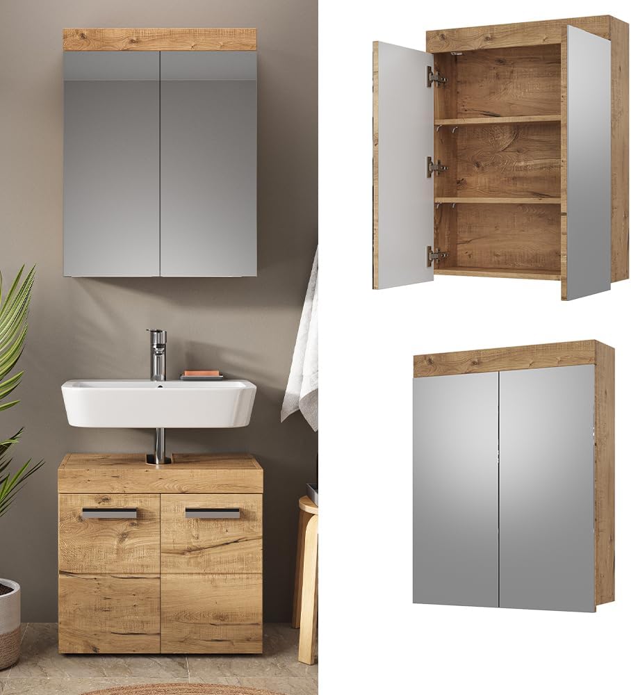 Vicco Badspiegelschrank Eiche Wotan Luna 60x77x17 cm - Badezimmerschrank mit Spiegel, Einfache Wandmontage inkl. Zubehör