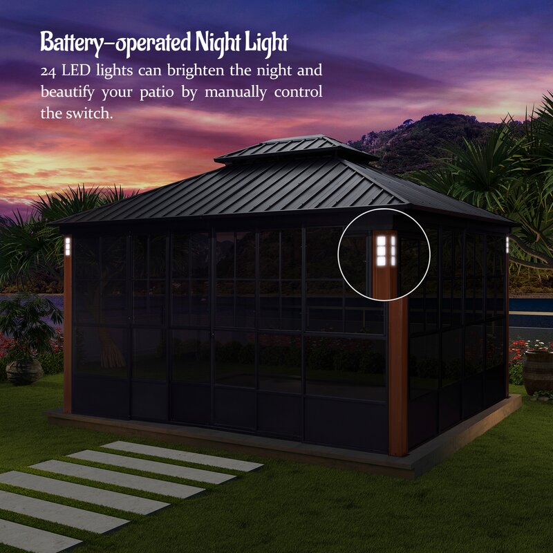 Gazebo de metal para pátio com dois níveis, 4,27 m de largura x 3,66 m de profundidade.